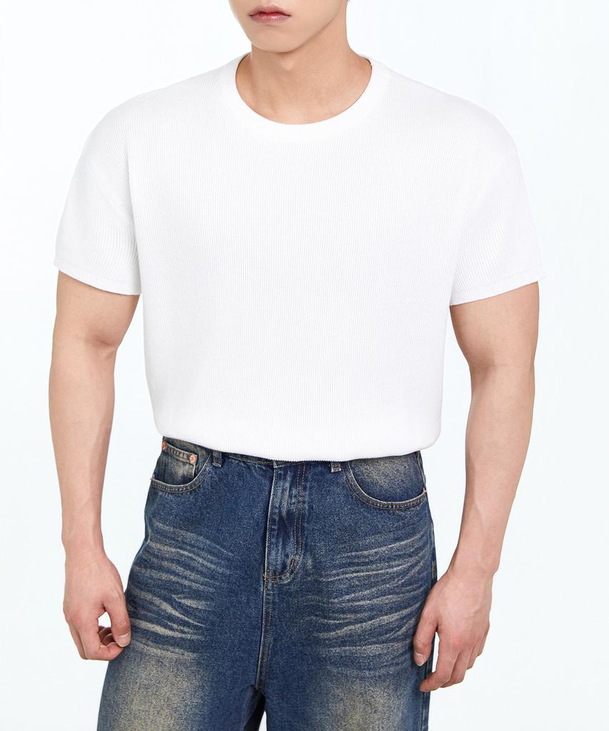 Opeumeideu Summer Washable Semi-Muscle Fit Crop Short Sleeve Knit