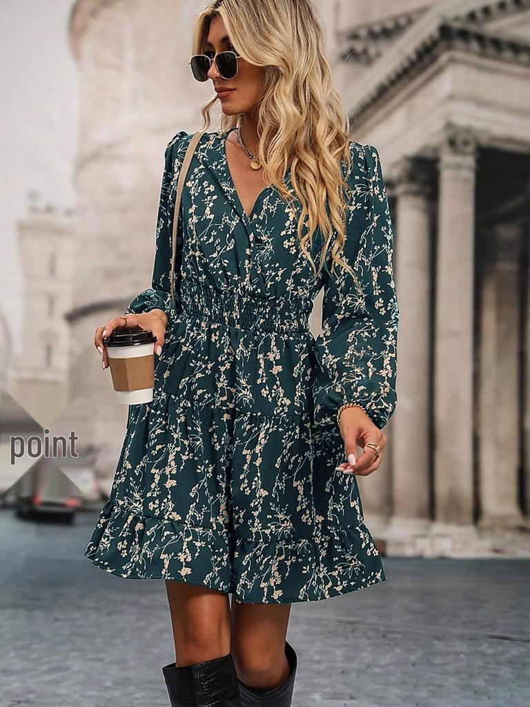 European & American Autumn/Winter Floral Lantern Sleeve Dress, Elastic Waist, Casual Vacation Long Sleeve, Women's 2025 Collection.