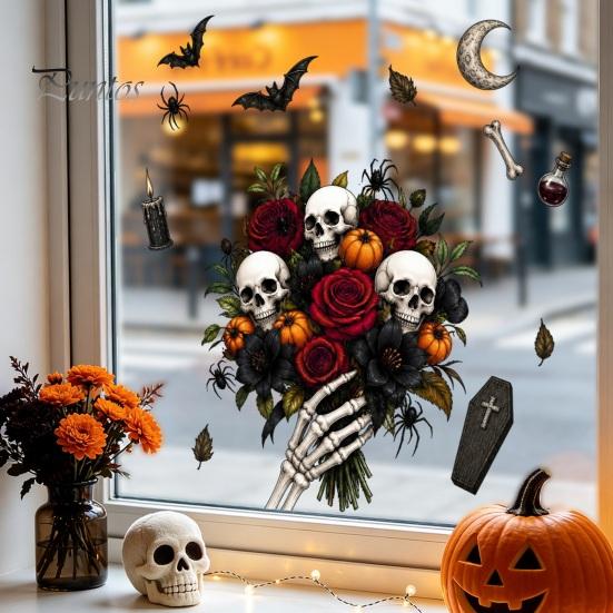 Holiday Atmosphere Window Embellishments Halloween Static Sticker, Castle/Bat/Pumpkin/Bouquet Printed, PVC Waterproof Festive Autumn Festival