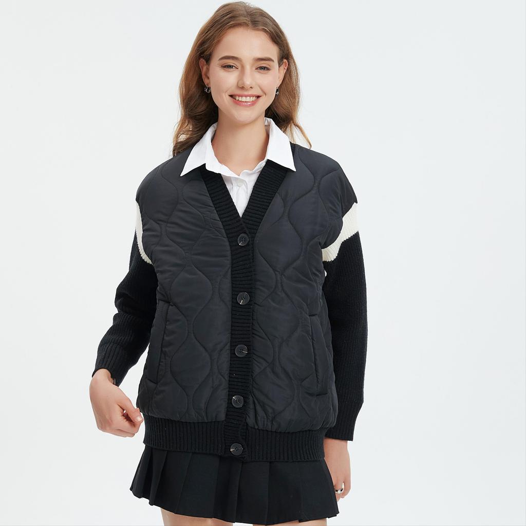 DIMANAF 2025 Mantel Damen Pullover Patchwork Wattiert Knöpfe Mantel Strickjacke Fake Zweiteiler Lockerer Pullover