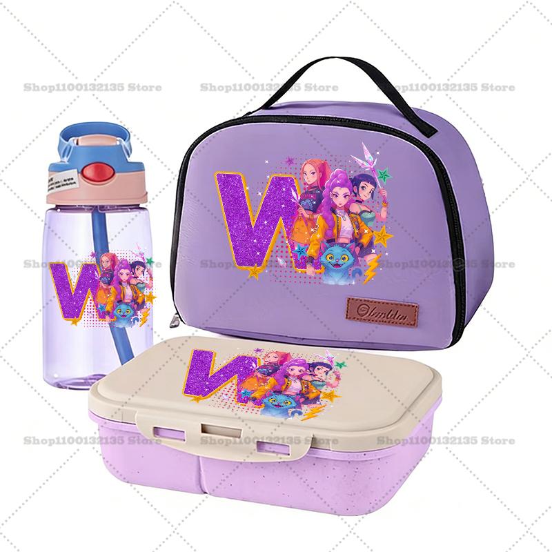 Kpop Dämonenjäger Bento-Box+Lunchtasche+Wasserflasche 3er-Set RUMI ZOEY Cartoon Schüler Schulsachen Lebensmittelbehälter Trinkgeschirr