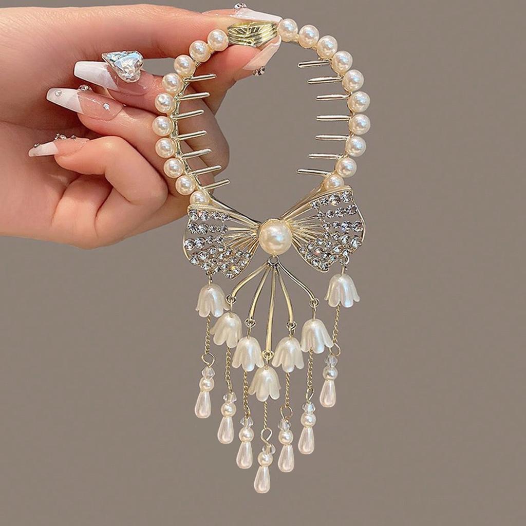 1Pcs Fashion Exquisite Artiricial Pearl Tassel Crystal Bow Bell Hair Clips For Women Girls Party Hair Accessories