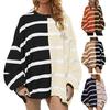 Fall Spring Women Sweatshirt Colorblock Striped Print Round Neck Oversized Pullover Knitted