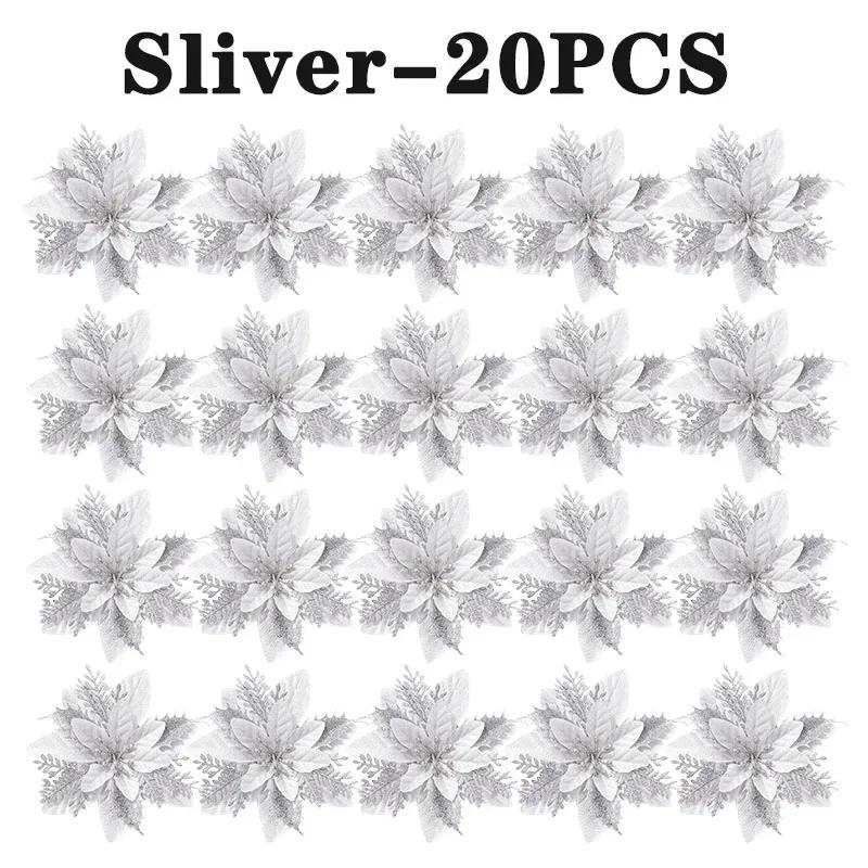 Glitter Christmas Poinsettia Flower Decoration Double Layer Gold Glitter Sparkle Holly Artificial Flower for Xmas Tree Ornaments