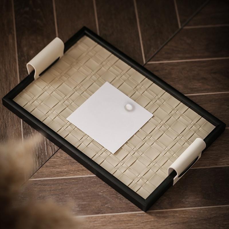 Handmade Leather Wooden Tray Light Luxury Jewelry Storage Desktop Ornament Model Room Home Ornament