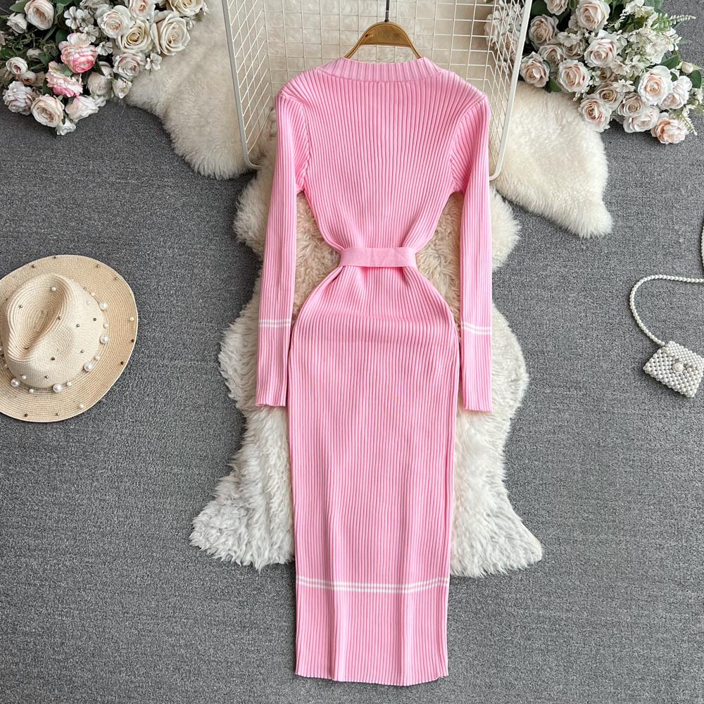 Women Dress  Autumn Winter Elegant Rib Knit Long Pencil Dress with Belt Office Lady Bodycon Sweater Dress
