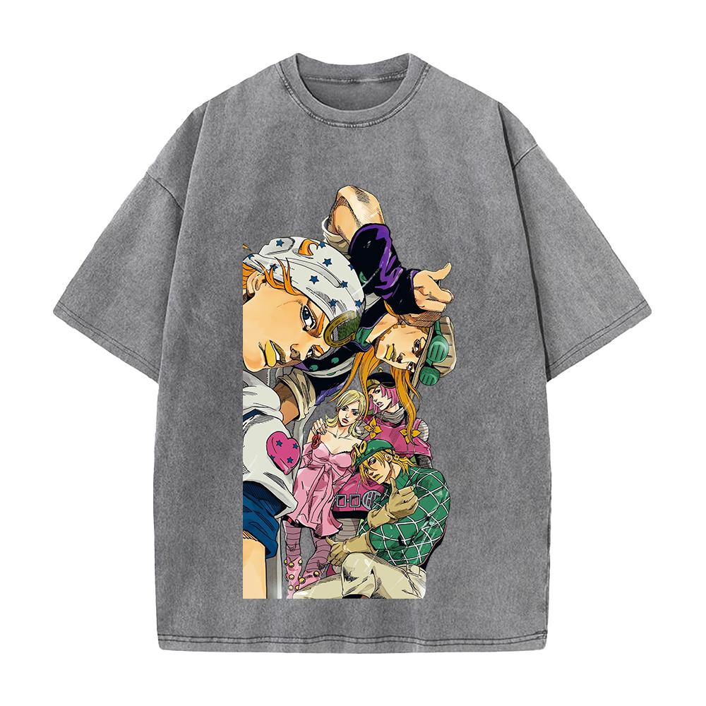JoJo's Bizarre Adventure Johnny Gyro Diego Printed Tee Men Women Vintage Washed T-shirts Cotton Streetwear Short Sleeve Clothing