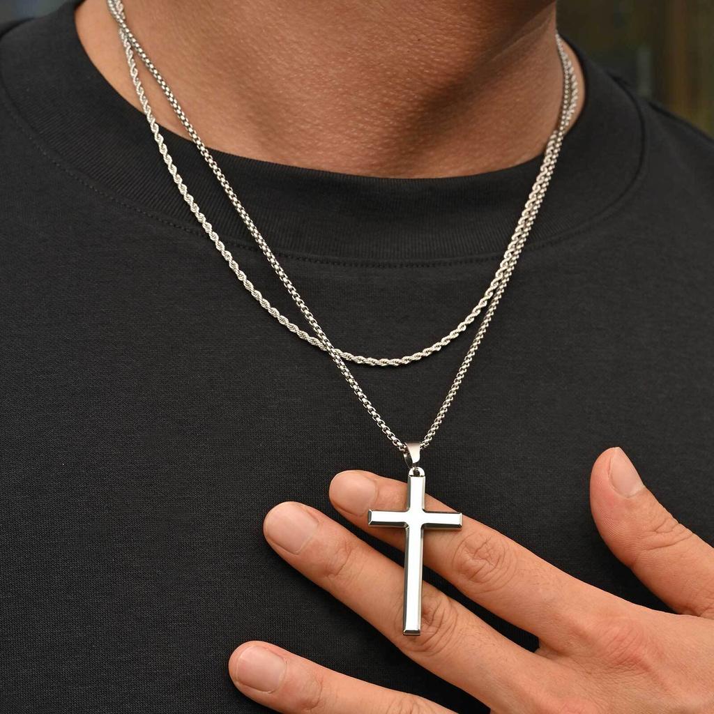 2pcs Punk Cross Necklace for Men BoysStainless Steel Stacked Chain Necklace,Male Sweater Chain Gift