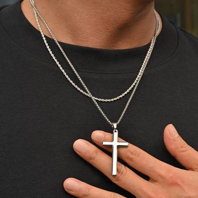 2pcs Punk Cross Necklace for Men BoysStainless Steel Stacked Chain Necklace,Male Sweater Chain Gift