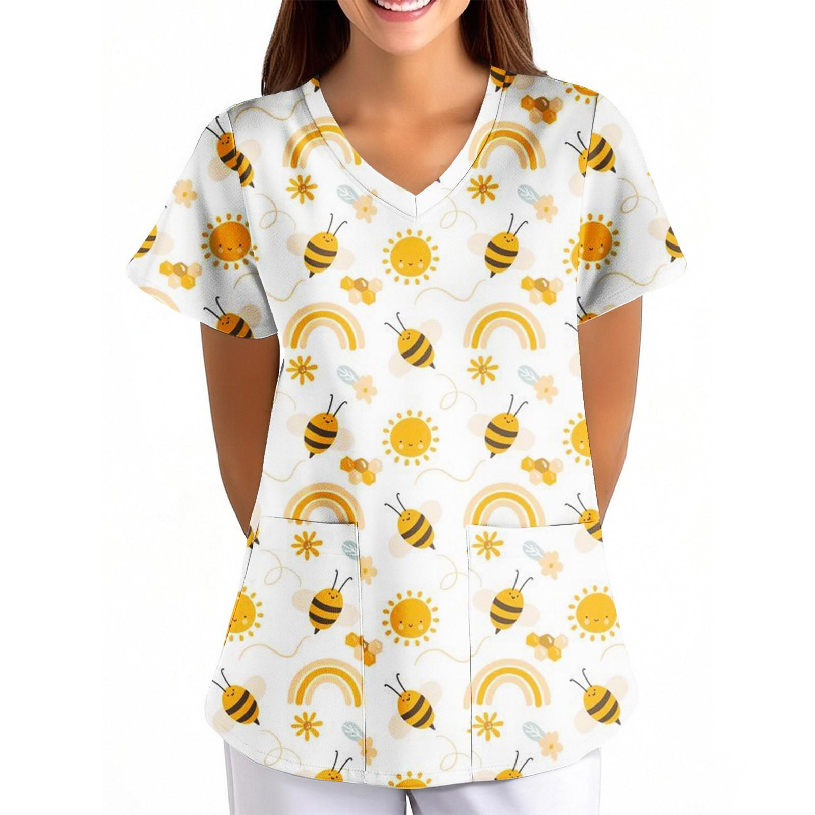 

Женская униформа с цветочным принтом пчелы, свободная, с V-образным вырезом, карманом и коротким рукавом S оранжевый