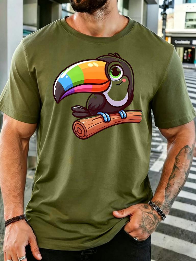 Unisex Soft Cotton Crew Neck Tee Cute Cartoon Rainbow Beak Toucan Perched On Branch Print Loose Animal Tropical Daily Holiday Tops