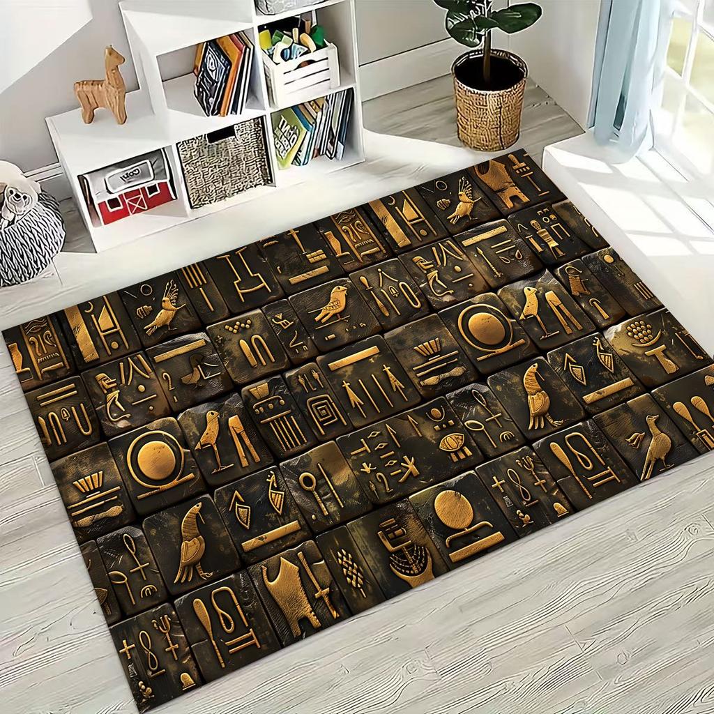 Ancient Egyptian Hieroglyphic Symbols Carved Murals Rug Carpet for Bedroom Living Room Sofa Doormat Decor,Kid Non-slip Floor Mat