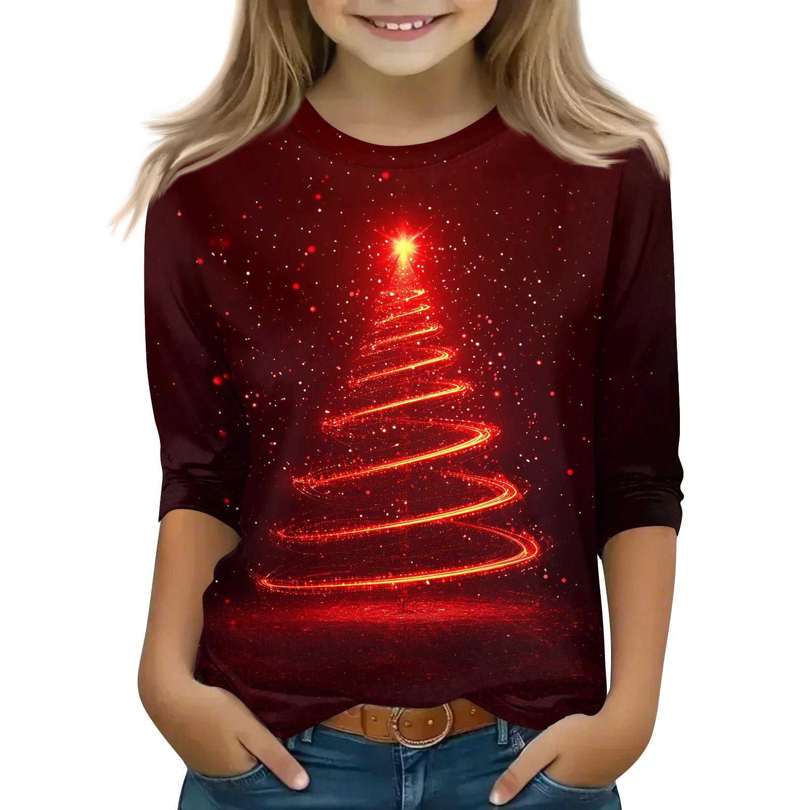 

Детские топы с рукавом 3/4, повседневная футболка с рождественским принтом, пуловер с круглым вырезом 130