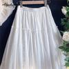 Japanese Mori Girl Spring Summer Women Midi Skirt Elastic Waist Jacquard Cotton White Skirt Sweet Basic Soft Ladies' A-Line Skirt