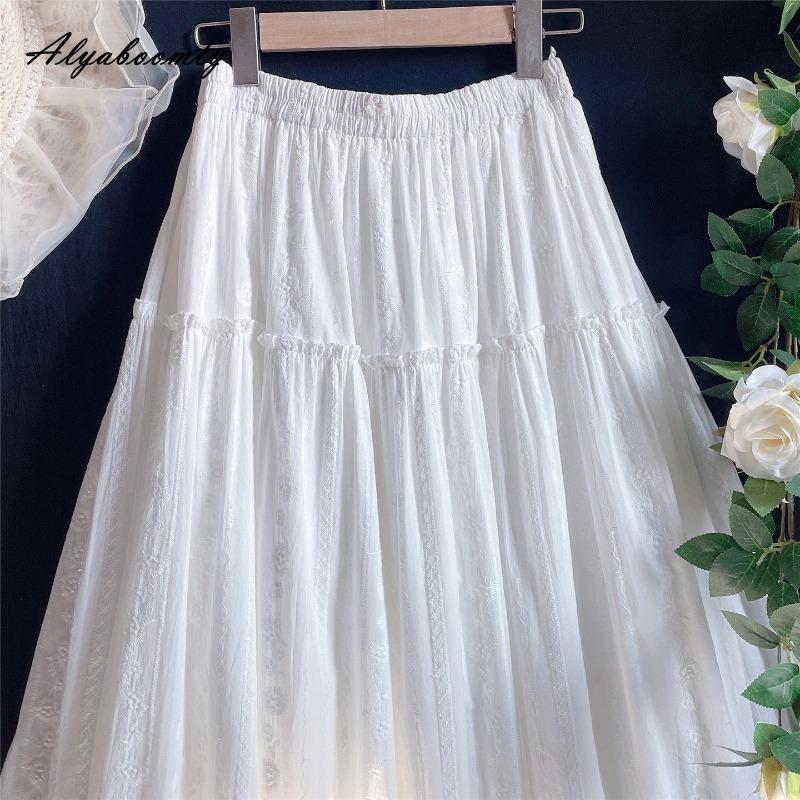Japanese Mori Girl Spring Summer Women Midi Skirt Elastic Waist Jacquard Cotton White Skirt Sweet Basic Soft Ladies' A-Line Skirt