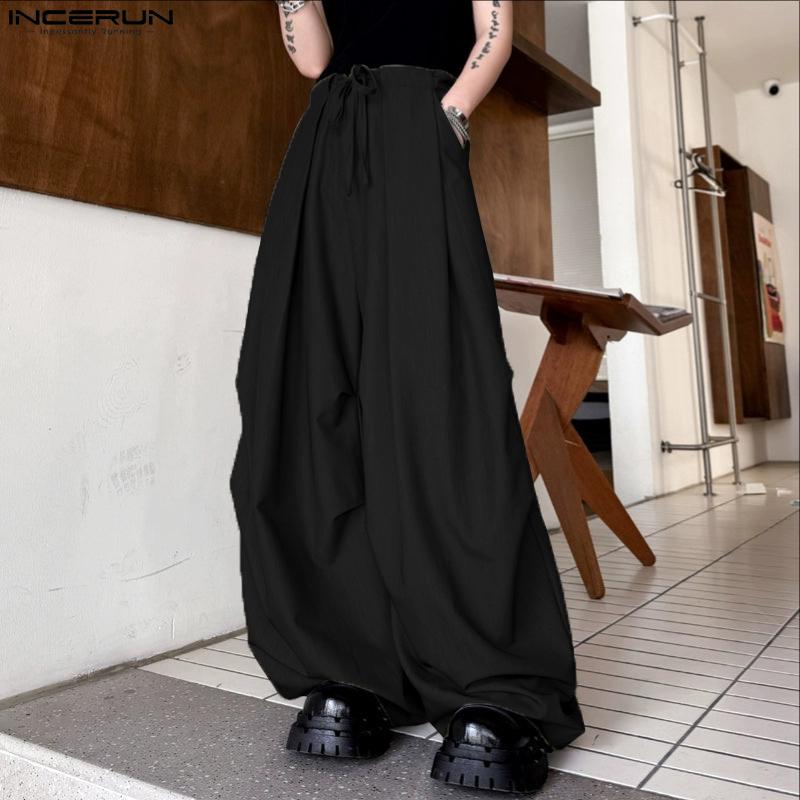 INCERUN Herren Elastischer Bund hinten Rüschen Lässige Lange Weitbein Hose mit Taschen