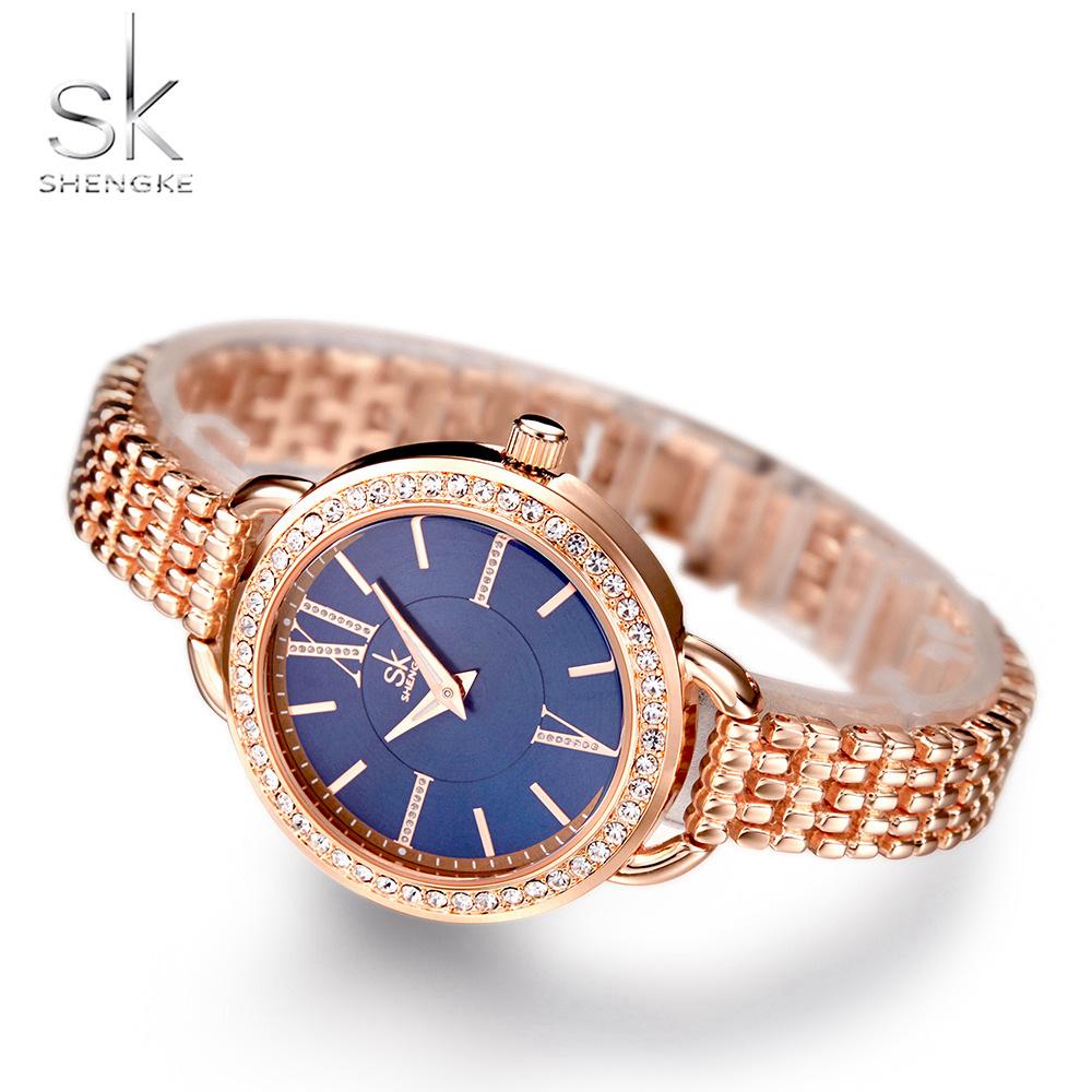 SHENGKE Luxury Rosegold Dial With Rhinestone Women Watches Precise Quartz Watch For Women Original Fashion Design Ladies Clock