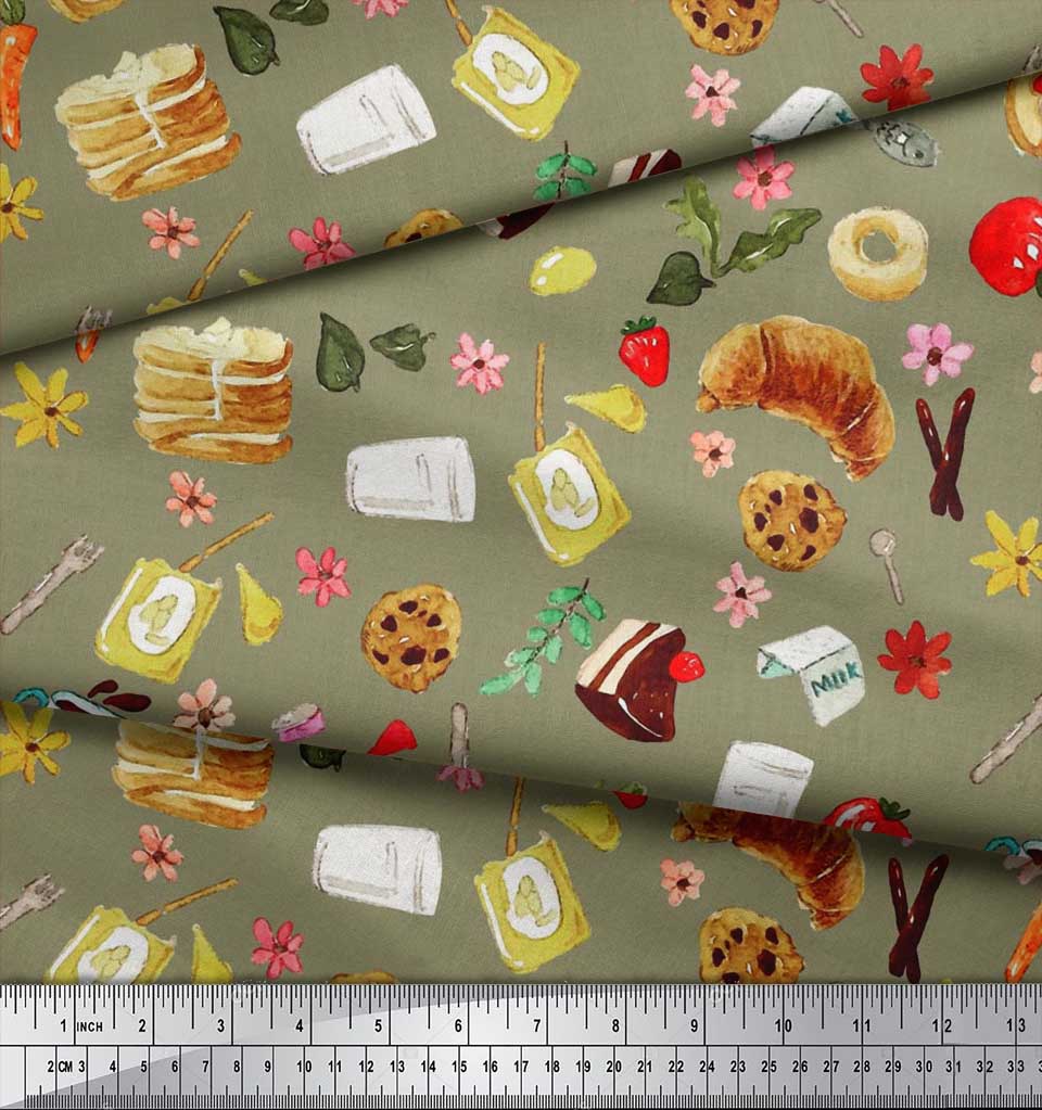 Soimoi Japan Crepe Satin Fabric Fruits,Bread & Donut Food Decor Fabric Printed metre 42 Inch
