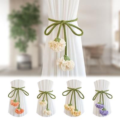 Elastic Band Curtain Tieback Flower Shape Adjustable Window Curtain Buckles No Punching Tassels Curtain Rope Holders Living Room