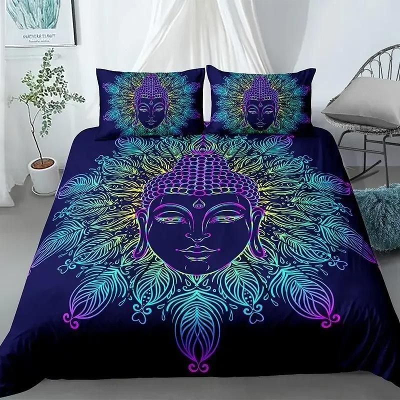 Mandala Buddha Duvet Cover CollectionBohemian Bedding Collection Golden Black Lotus Flowers Print Luxury Microfiber Polyester Comforter Cover