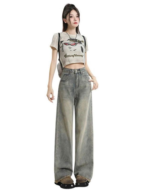 Women's Vintage High-Waisted Wide-Leg Jeans - Frayed, Plus Size, Slimming, Floor-Length, Retro Summer Style