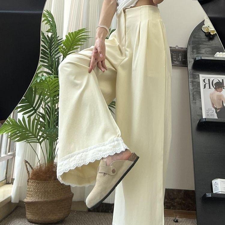 Women's Dopamine Color Block Wide-Leg Pants - Light Yellow Lace Embroidered High Waist Suit Pants