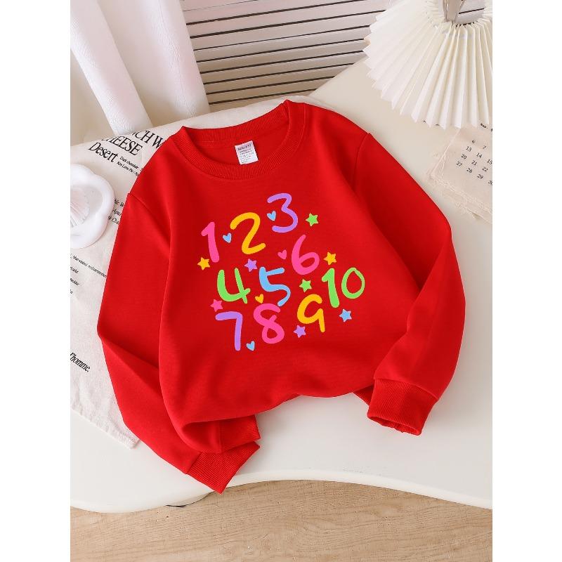 Girls' Soft Crewneck Sweatshirt with Colorful Numbers, Stars, And Hearts Print Pattern, Cute Creative Print, Casual All-Match for Fall Winter