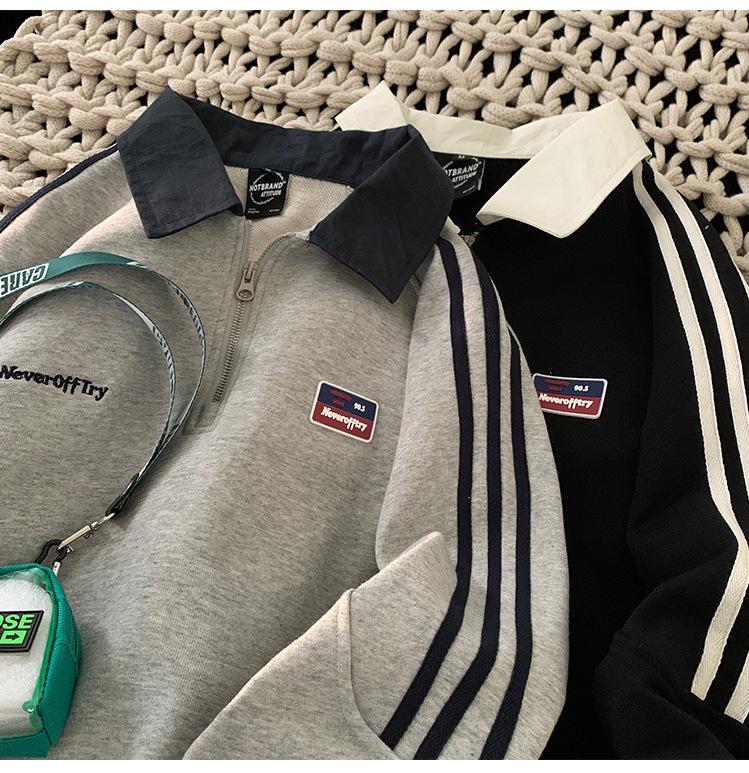 Sweat-shirt polo à demi-zip rayé gris rétro japonais pour homme - Veste à manches longues pour le printemps/l'automne