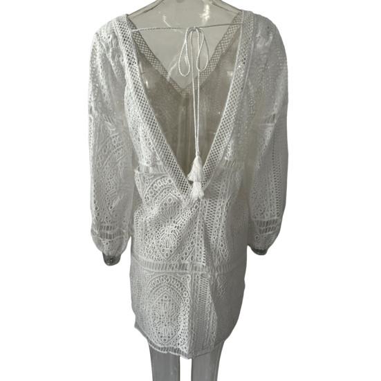 Γυναικείο εξοχικό φόρεμα σε σχήμα V με πλάτη με κούφια εξώπλατη κάλυψη με φαρδιά μακρυμάνικη φούντα Γυναικείο μίνι γιορτινό φόρεμα με λαιμόκοψη V