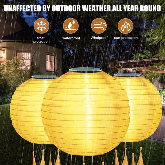 Hanging Solar Lantern Outdoor Round Chinese Style Lantern with 4 Tassels Solar LED Light for Garden Patio Wedding Party Decoration