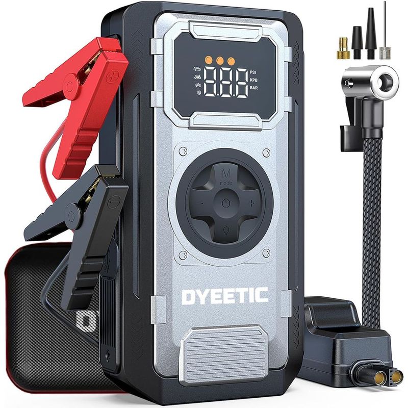 5000A Portable Jump Starter with 150PSI Air Compressor, 12V Battery Booster, LCD Display, Power Bank, and Emergency Kit