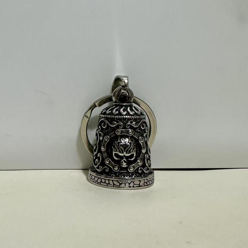 Stainless Steel Flame Skull Motorcycle Bell Keychain Pendant