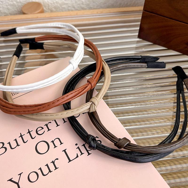 UXSL Korean Vintage Knotted Thin PU Leather Solid Color Headband Womans Temperament Elegant Hair Band Hair Hoop Hair Accessories