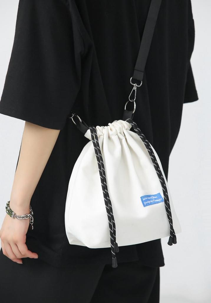 Cedar Eight Drawstring Nylon Bag, Casual, Small Shoulder Bag for Men and Women (White)