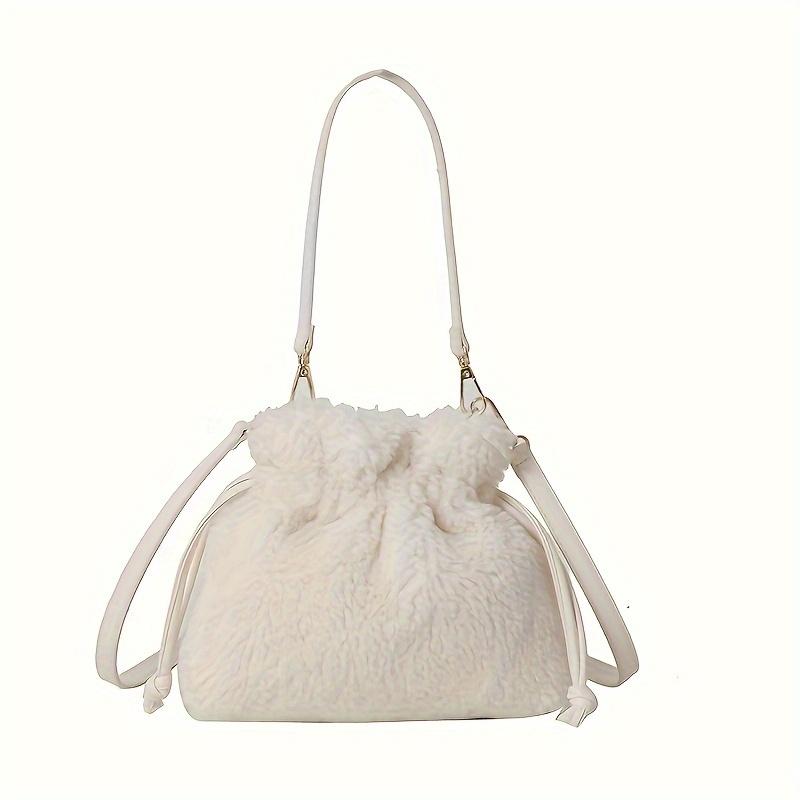 Fashionable Mini Plush Crossbody Bag with Drawstring - Soft Fuzzy Bucket Bag for Women,  Detachable Strap, Polyester Lined