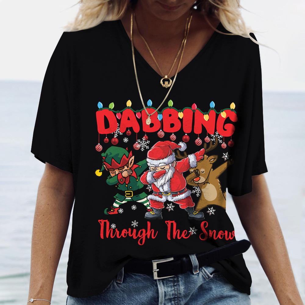 Plus Size 6XL Merry Christmas Women's Short sleeved V-neck T-shirt Christmas Tree Santa Claus Letter Print Simple Trendy Trend Women Clothing