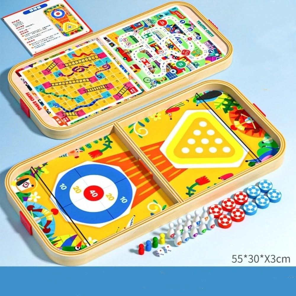 

New 5-in-1 Battle Board Game Classic Parent-Unisex Interactive Bounce Chess Wooden Material Bowling Ice Hockey Family Activities