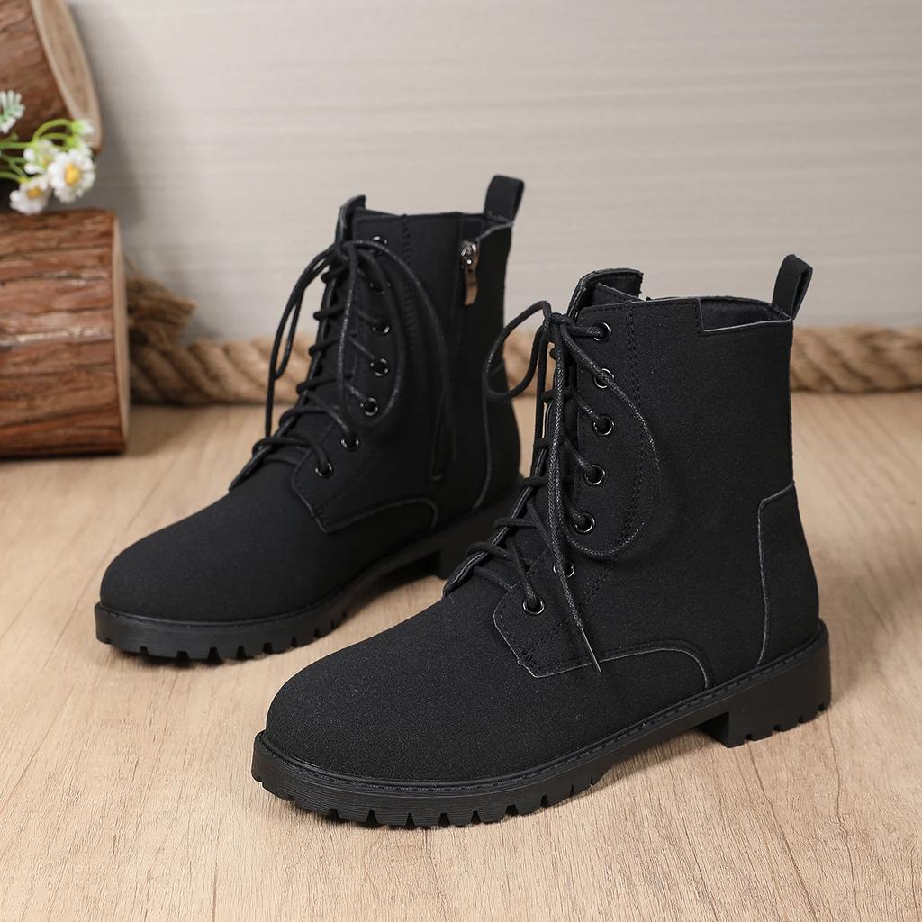 Retro Solid Zip Ankle Boots for Women Autumn Winter Square Heel Lace-Up Women\'s Boots Plus Size Round Toe Shoes of Woman