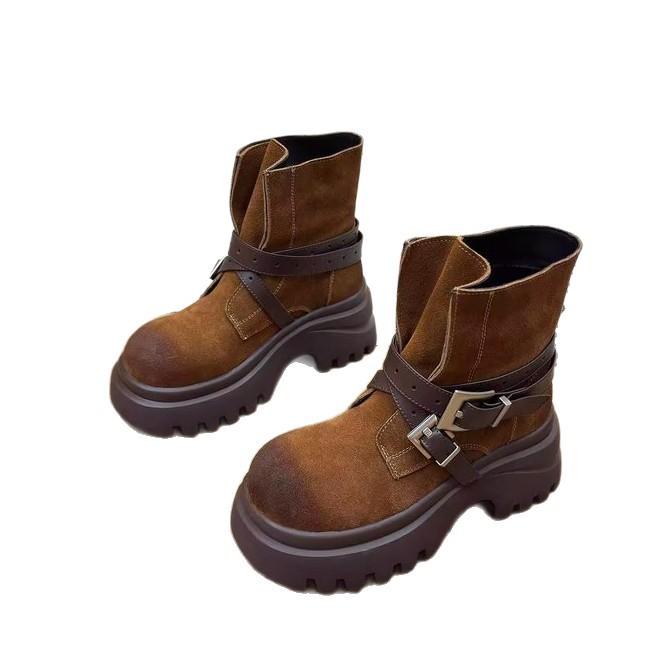 Cowhide version~ thick-soled heightening short boots women's 2025 new autumn retro western boots small big-headed knight boots