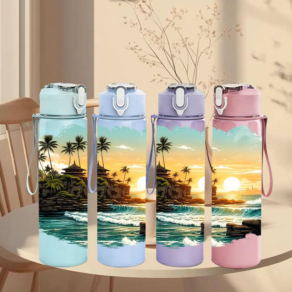 1PC Ocean Coast Sunrise Scenery Pattern 750ml Color Plastic Sports Water Bottle Leakproof Flip Straw Lid Suitable for Sports Office Home Use