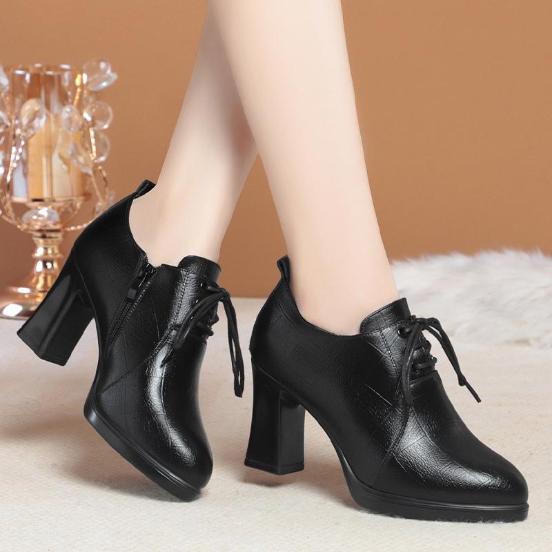New Winter Women Boots Thick Heel Flat Shoes Anti-slip Velvet Laces for Comfort Ankle Autumn Fashion Leather Boots