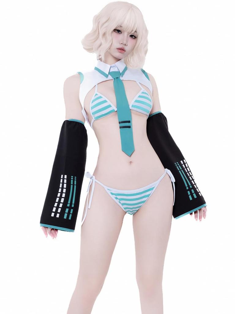 Sexy Anime Character Style Bikini Cosplay Striped Pattern Thong Bra Tie 2 Arm Cute Uniform Style Bodycon Costume Halloween Photoshoot Free Size Green