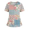 Women's Loose Short Sleeved Fashionable Square Printing V-neck Buttonable Side Slit Top T-shirt