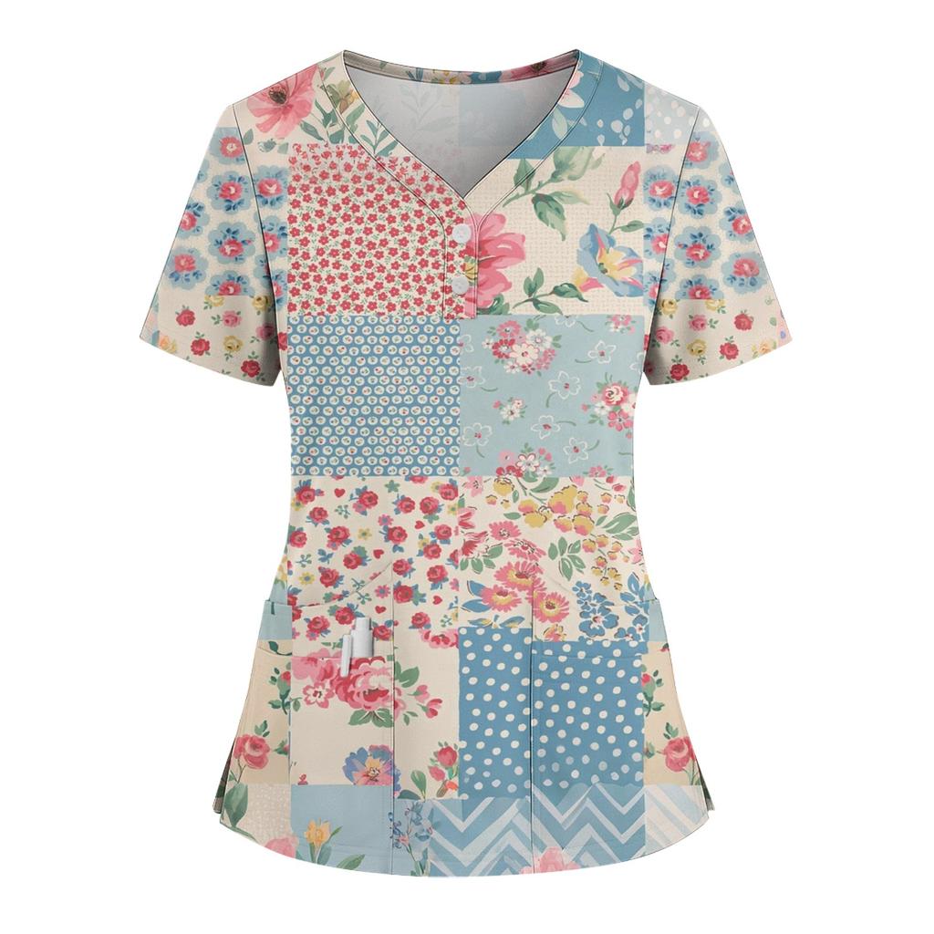 Women's Loose Short Sleeved Fashionable Square Printing V-neck Buttonable Side Slit Top T-shirt