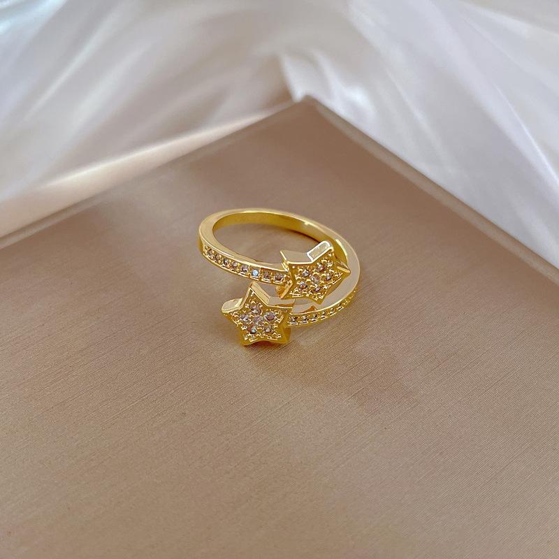 Real Gold Electroplated Opening Pentagram Fashion Slightly Inlaid Light Luxury Ring Index Finger Ring With The Same Cold Wind