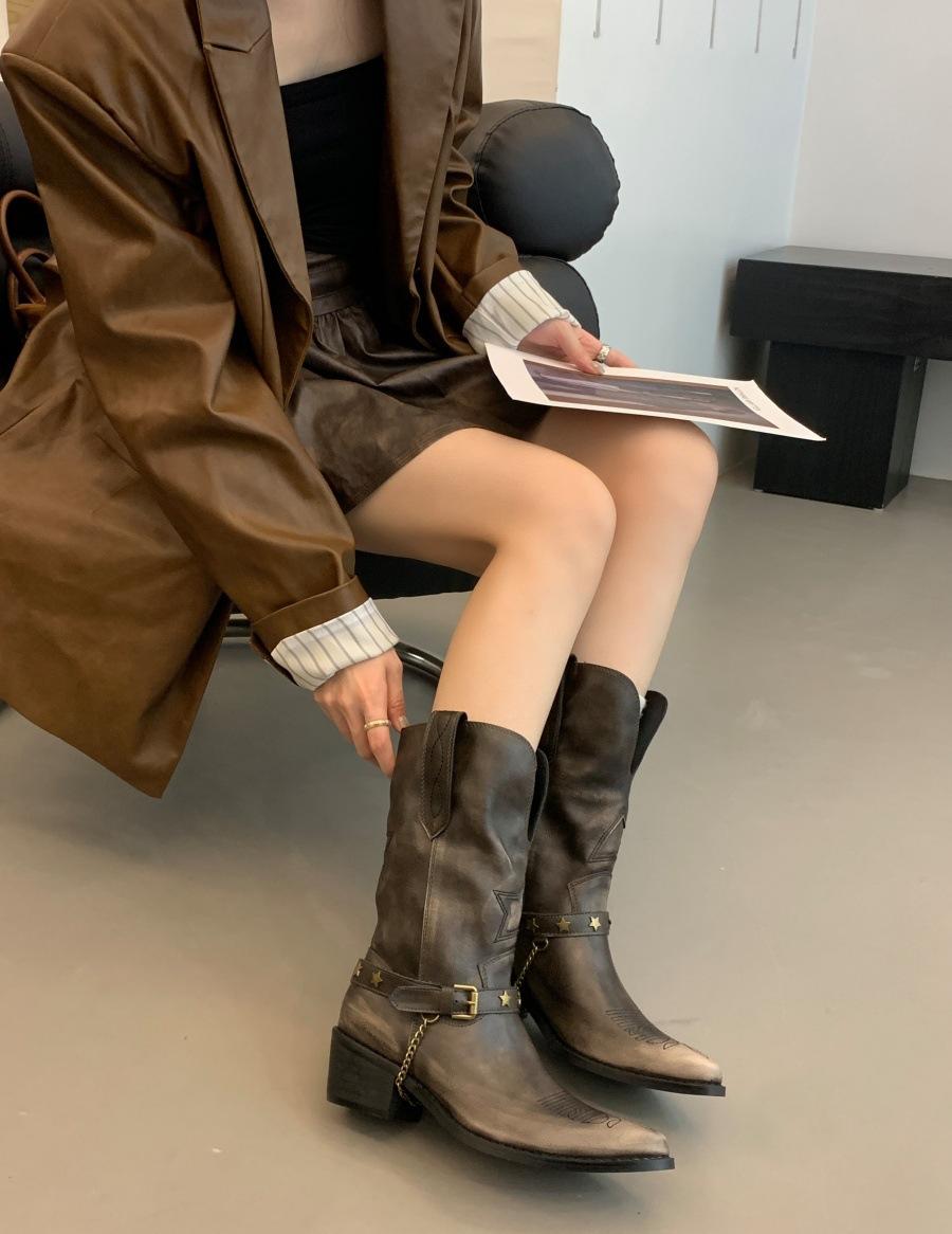 

Интернет-знаменитости с теми же ретро старыми ковбойскими сапогами женщины 2025 новые сапоги-рукава на толстом каблуке полированные короткие сапоги 40