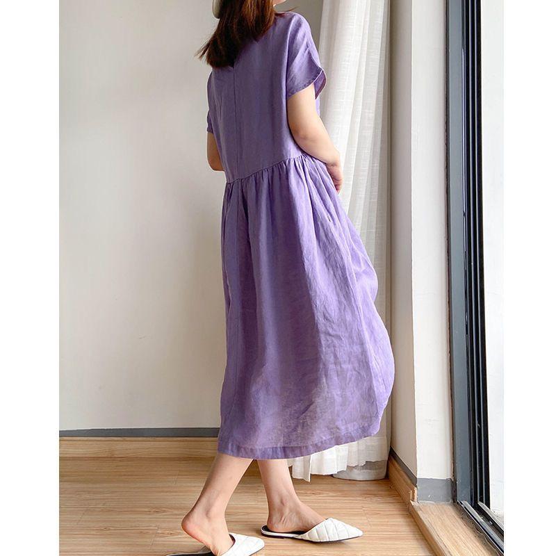 Luxurious Cotton Loose And Thin Dress For Women With Short Sleeves And Round Neck