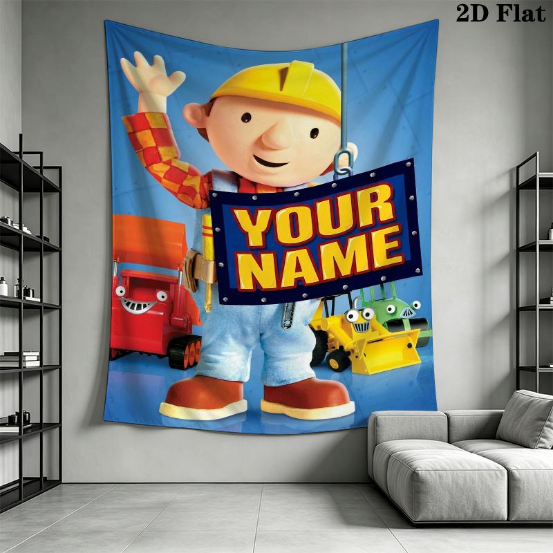 Custom Name Bob The Builder Wall Tapestry Aesthetic Wall Hanging Printed Fabric Blanket Decorative Tapestries for Bedroom Living Room Home Decor