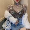 Autumn Sexy Perspective Long Sleeve Half High Neck T-shirt Carefully Machine Broken Flower Mesh Lace Bottom Shirt Women's Top