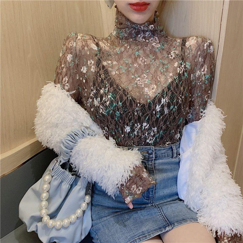 Autumn Sexy Perspective Long Sleeve Half High Neck T-shirt Carefully Machine Broken Flower Mesh Lace Bottom Shirt Women's Top